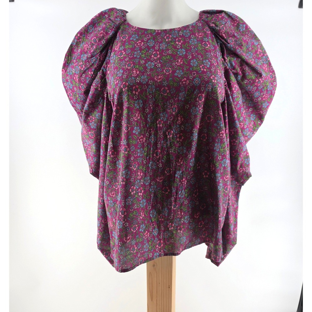Banjanan Women Florence Top Size M Purple Floral Puff Sleeve Cotton Blouse NWT